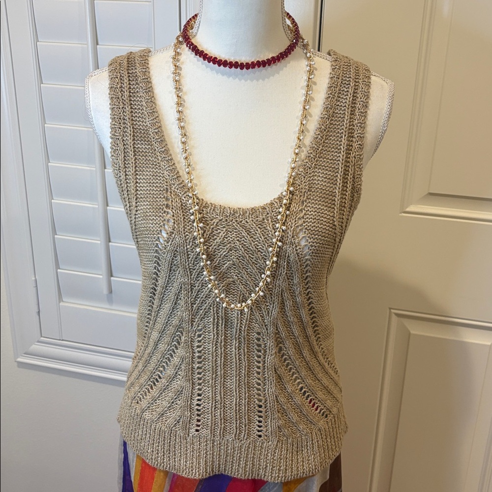 Ralph Lauren Black Label Cotton/Linen Sleeveless Knit Top Tan Large New